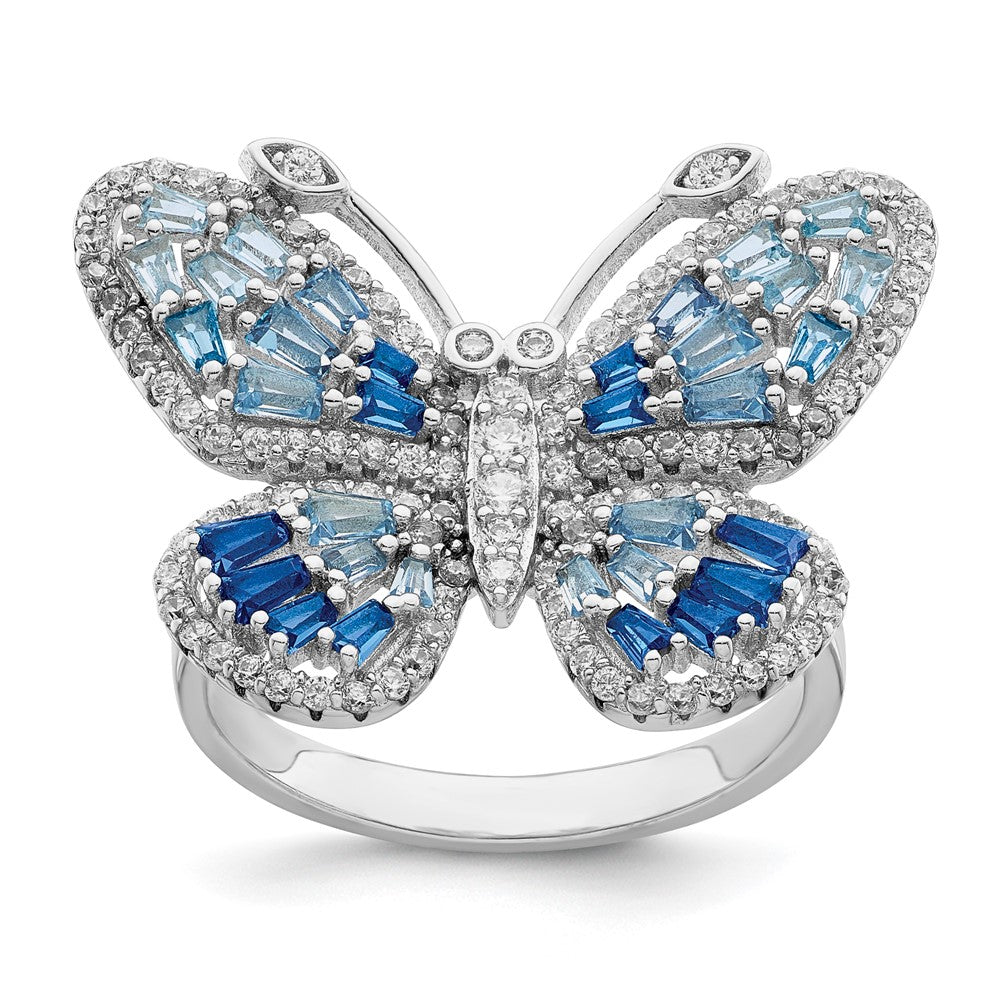 Sterlingsilber Rhodiniert Poliert Blau & Weiß Zirkonia Schmetterling Ring