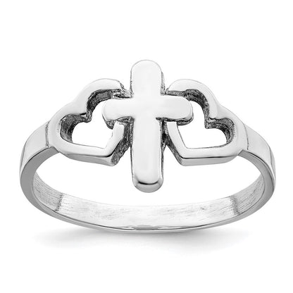 Sterlingsilber Rhodiniert Herzen & Kreuz Ring