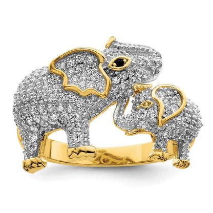 Sterlingsilber Rhodiniert Goldfarben Mama & Baby Zirkonia Elephants Ring
