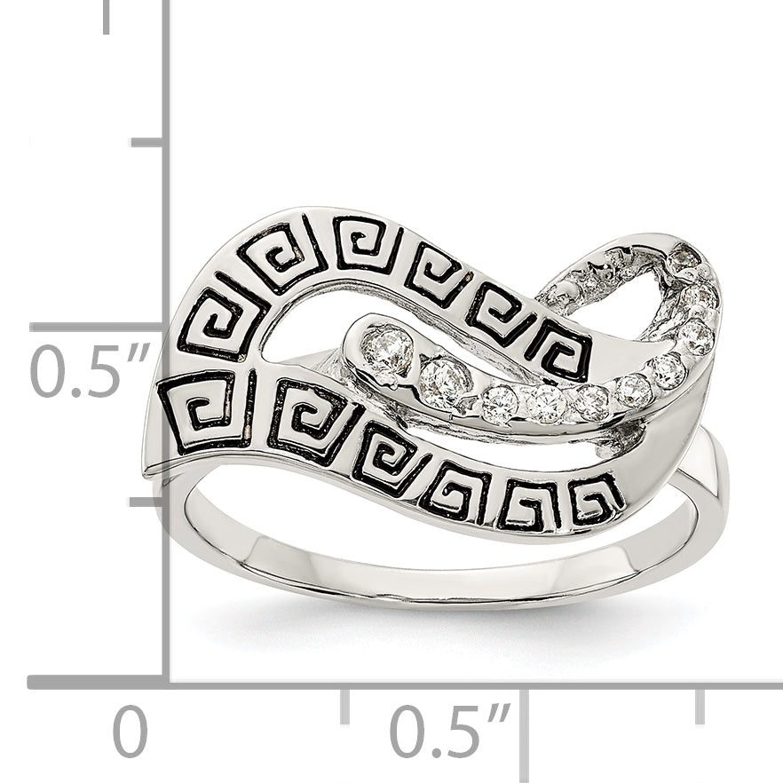 Sterlingsilber Poliert Zirkonia Emailliert Greek Key Ring