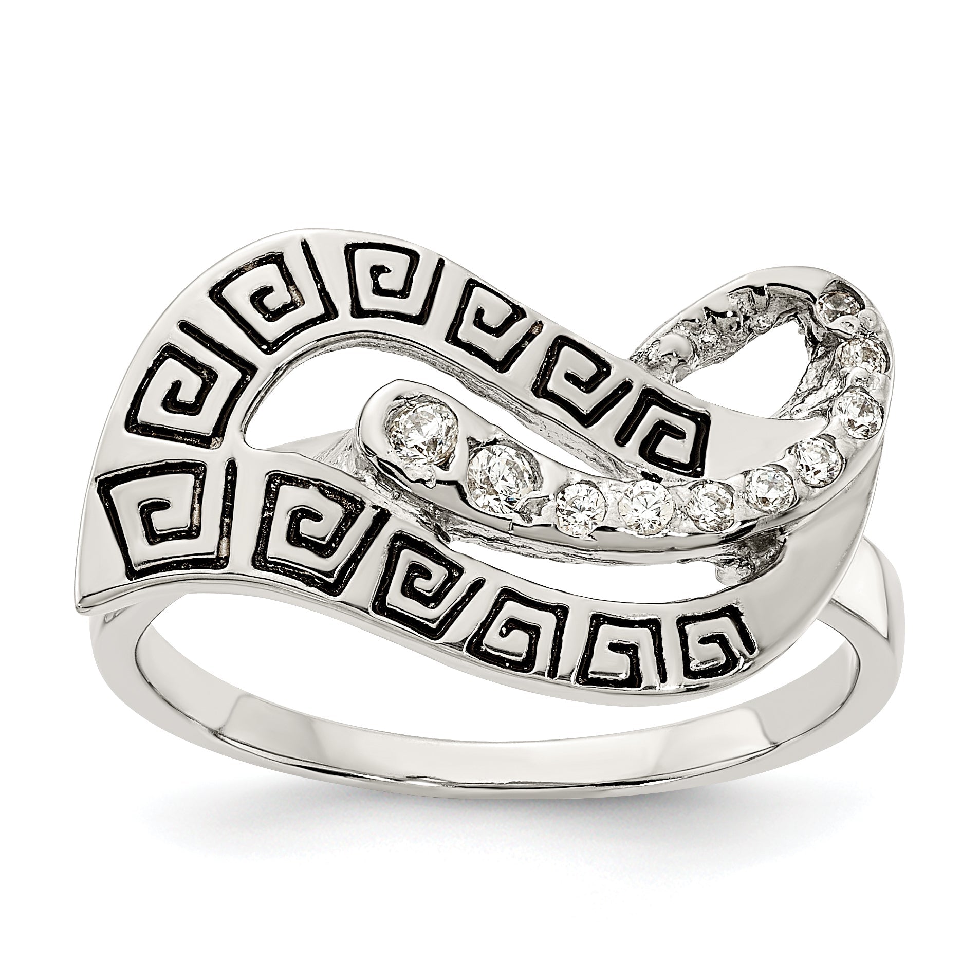 Sterlingsilber Poliert Zirkonia Emailliert Greek Key Ring