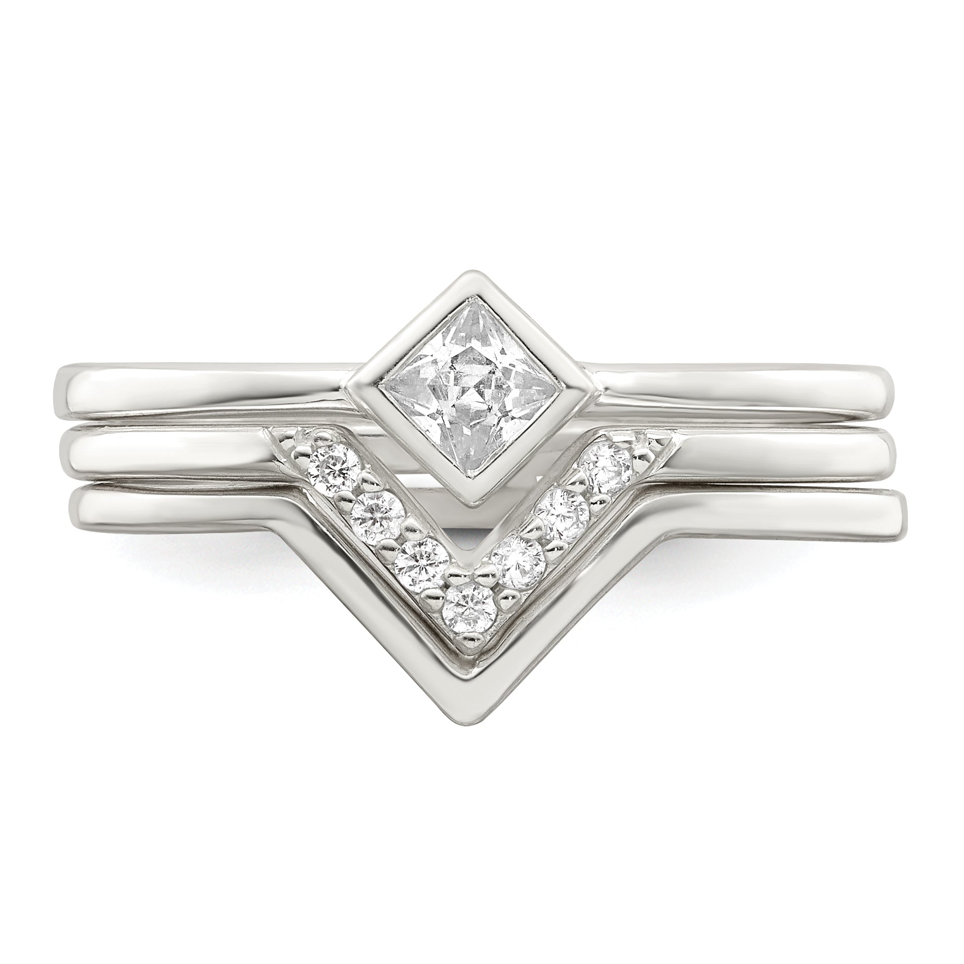 Sterlingsilber Poliert Quadratisch Zirkonia 3 Ring Set