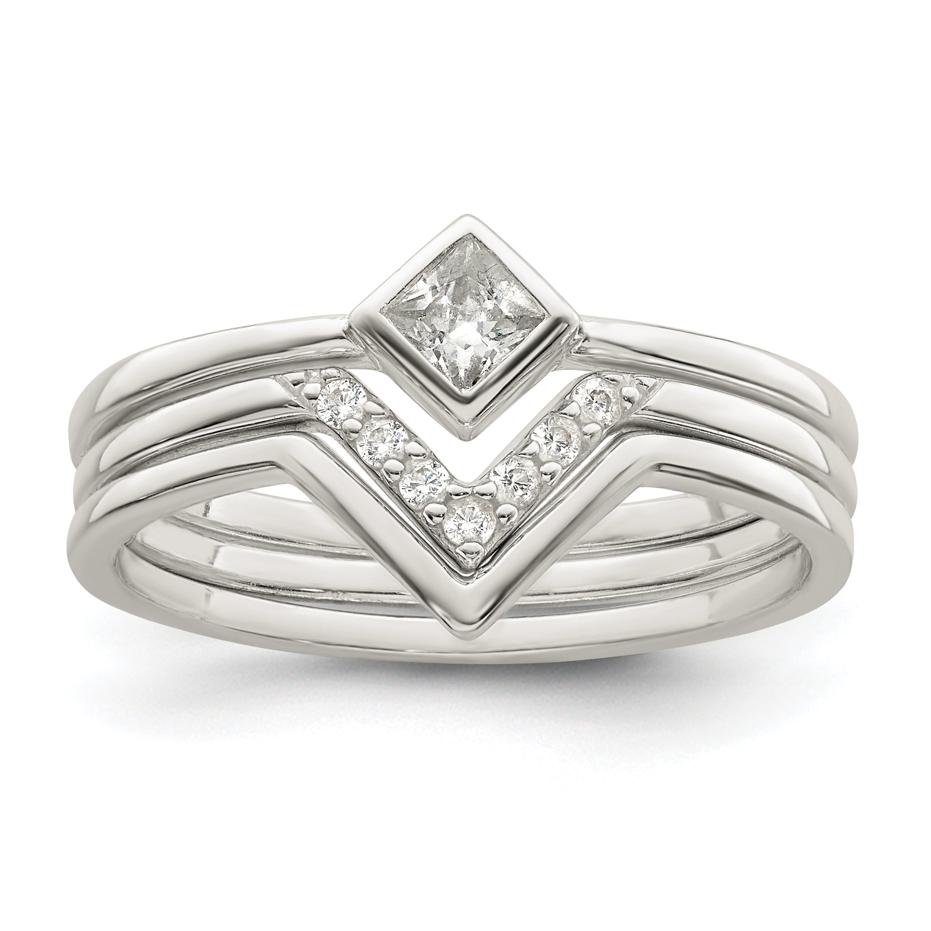 Sterlingsilber Poliert Quadratisch Zirkonia 3 Ring Set