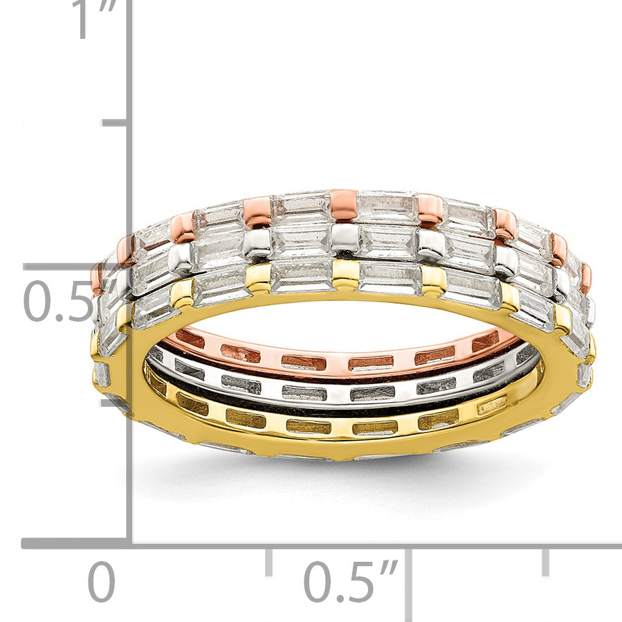 Sterlingsilber Rose & Goldfarben Baguette Zirkonia Memoire 3 Ring Set