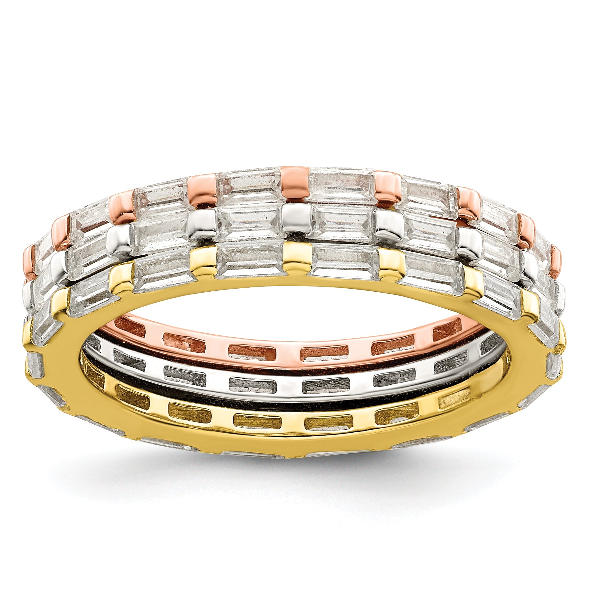 Sterlingsilber Rose & Goldfarben Baguette Zirkonia Memoire 3 Ring Set