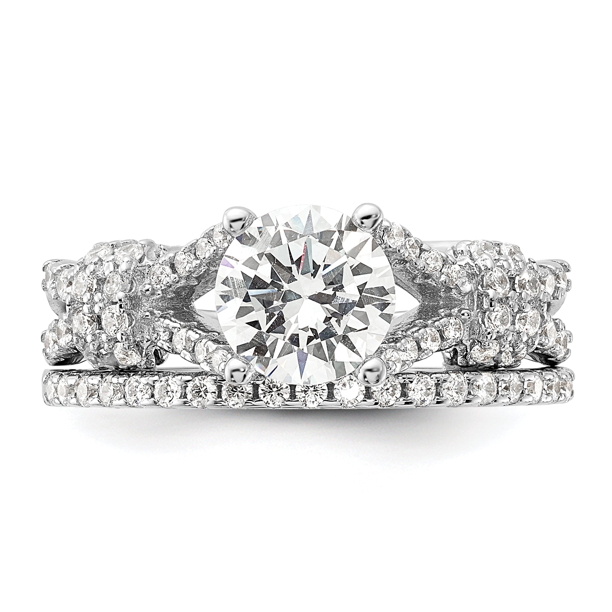 Sterlingsilber Rhodiniert Poliert Zirkonia Verlobung und Ring Set
