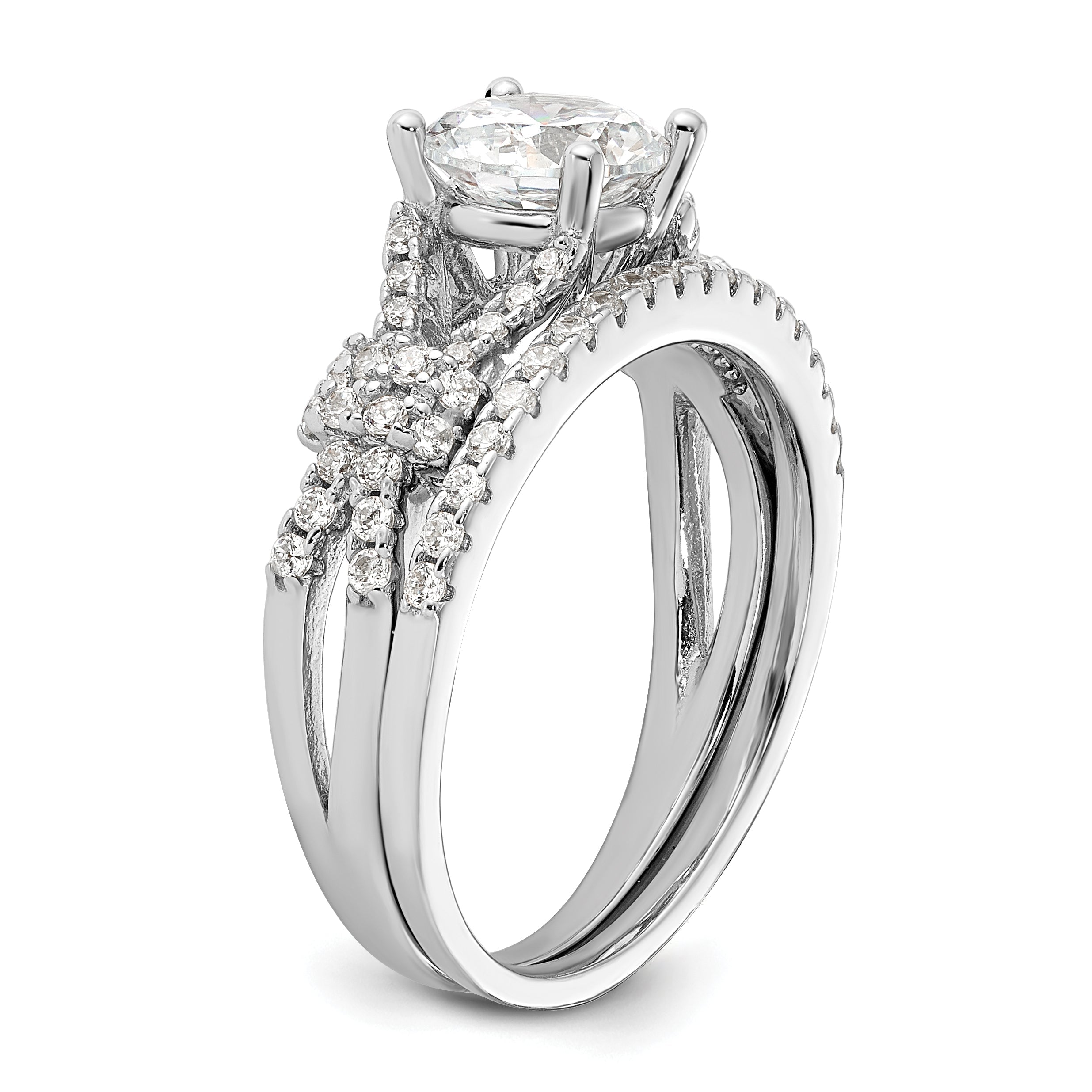 Sterlingsilber Rhodiniert Poliert Zirkonia Verlobung und Ring Set