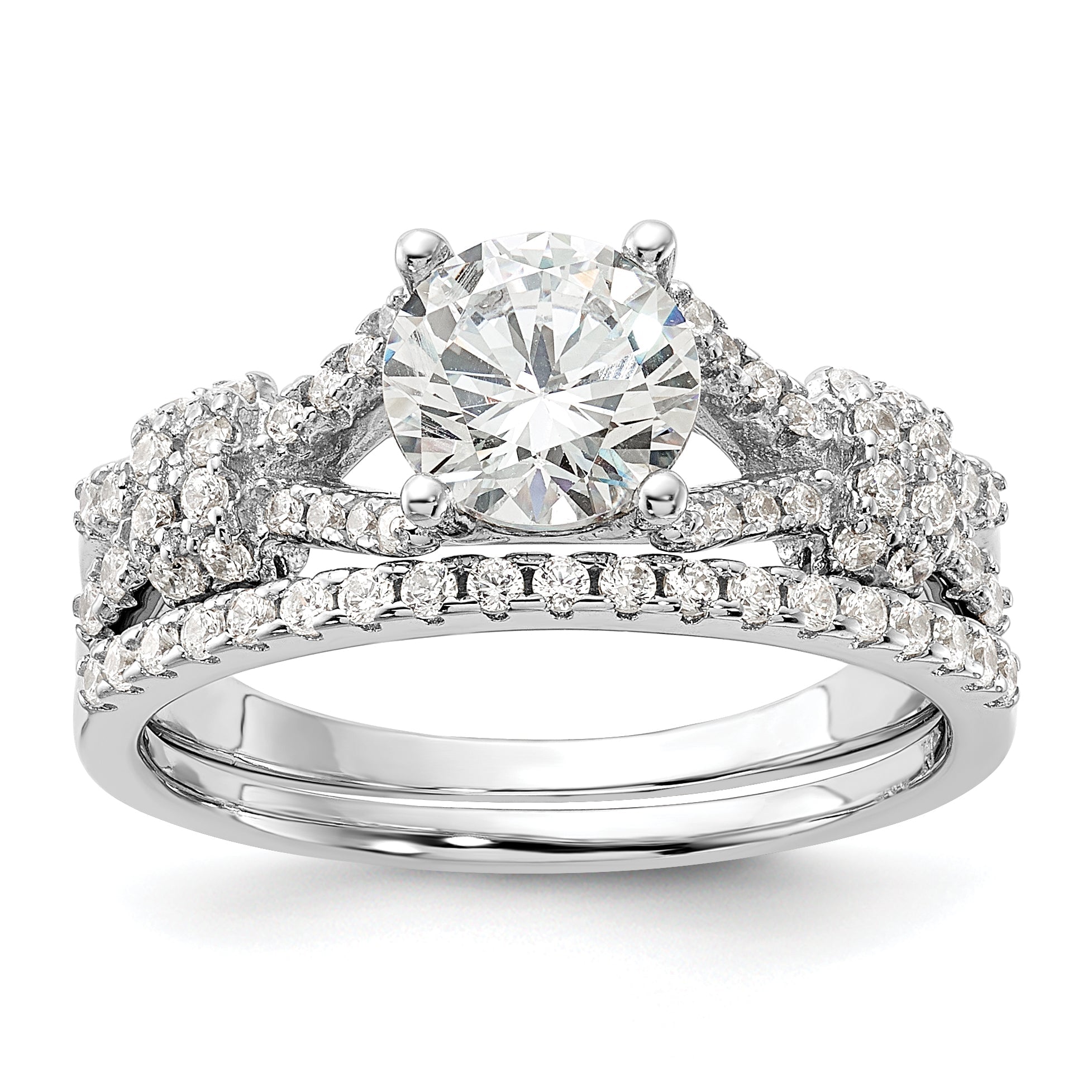 Sterlingsilber Rhodiniert Poliert Zirkonia Verlobung und Ring Set