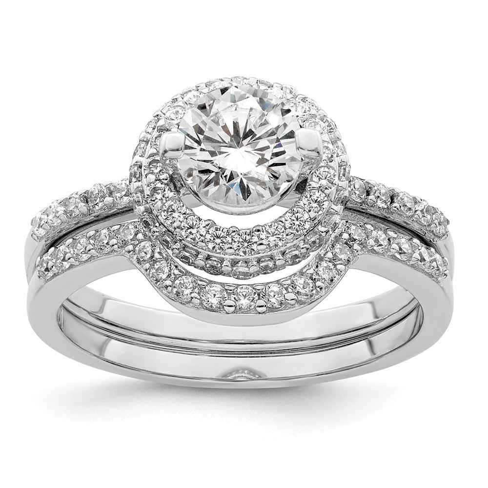 Sterlingsilber Rhodiniert Zirkonia Heiligenschein Verlobungsring & Ring Set