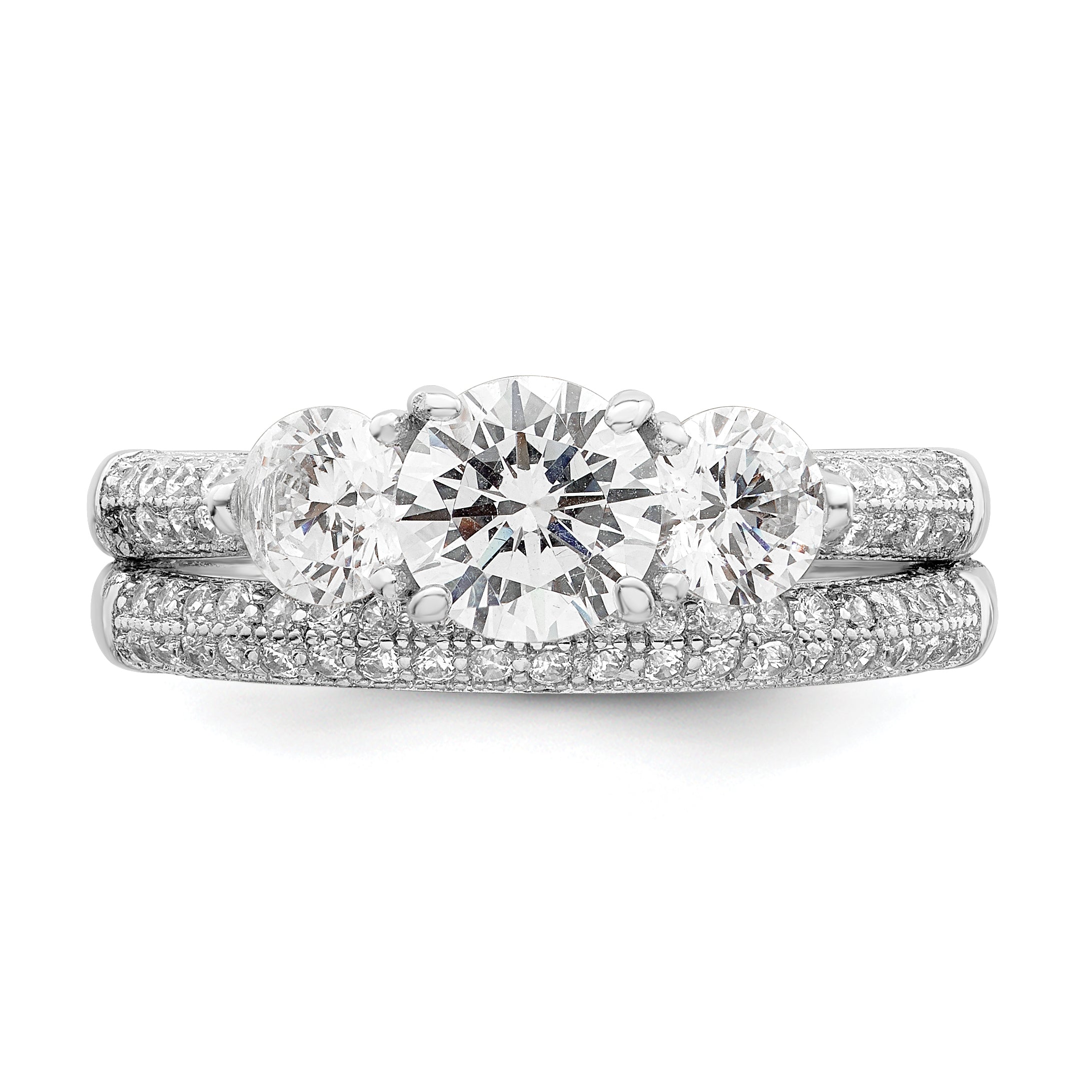 Sterlingsilber Rhodiniert Zirkonia 3 Stein Pavé Ring Verlobungsring Set