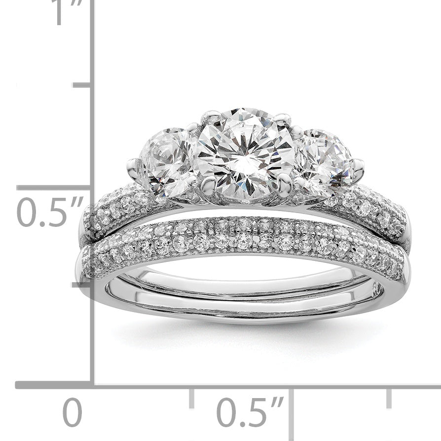 Sterlingsilber Rhodiniert Zirkonia 3 Stein Pavé Ring Verlobungsring Set