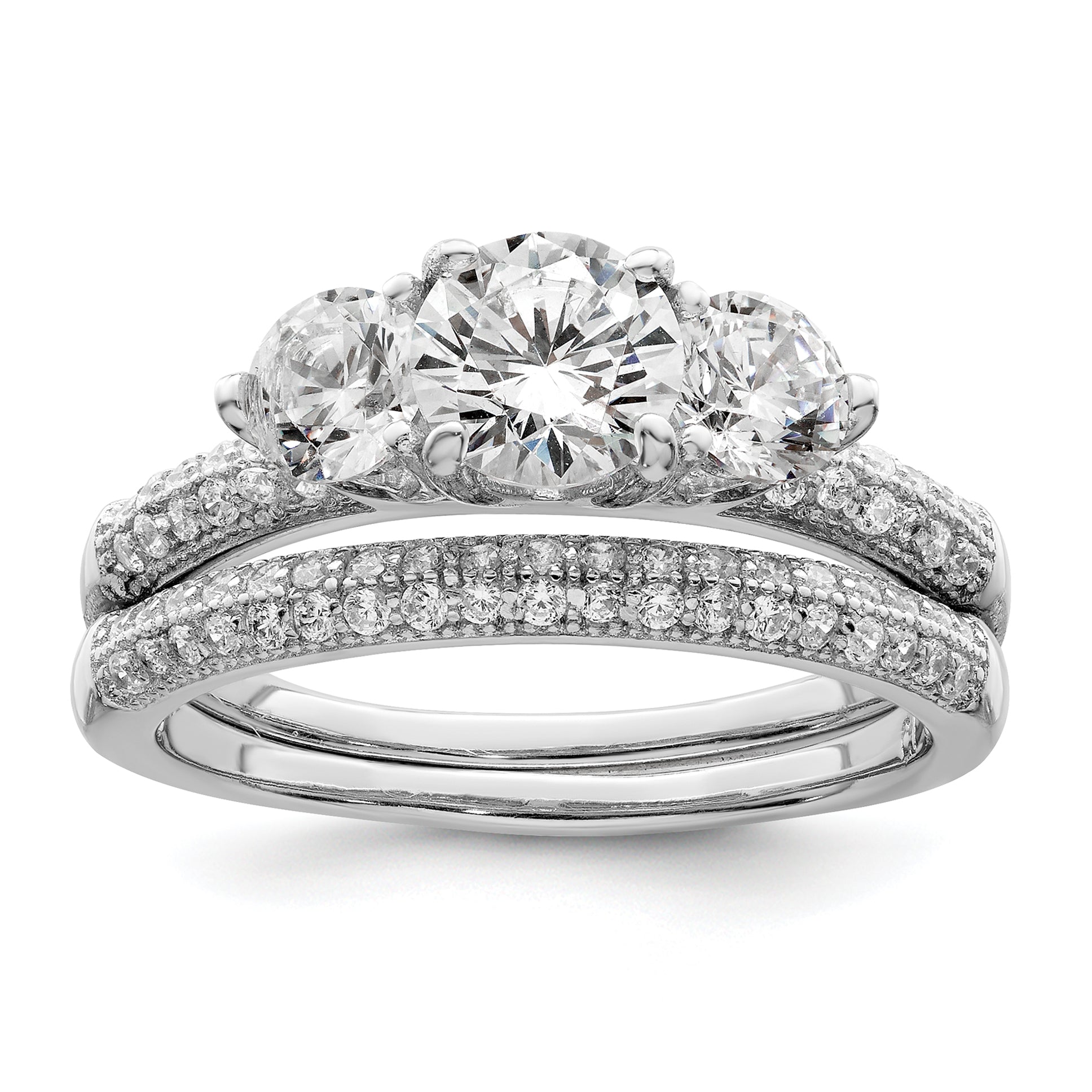 Sterlingsilber Rhodiniert Zirkonia 3 Stein Pavé Ring Verlobungsring Set