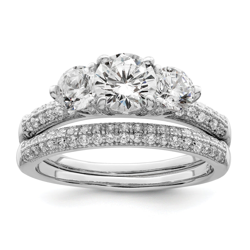 Sterlingsilber Rhodiniert Zirkonia 3 Stein Pavé Ring Verlobungsring Set