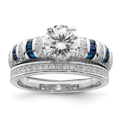 Sterlingsilber Rhodiniert Poliert Blau & Weiß Zirkonia Verlobung Ring R