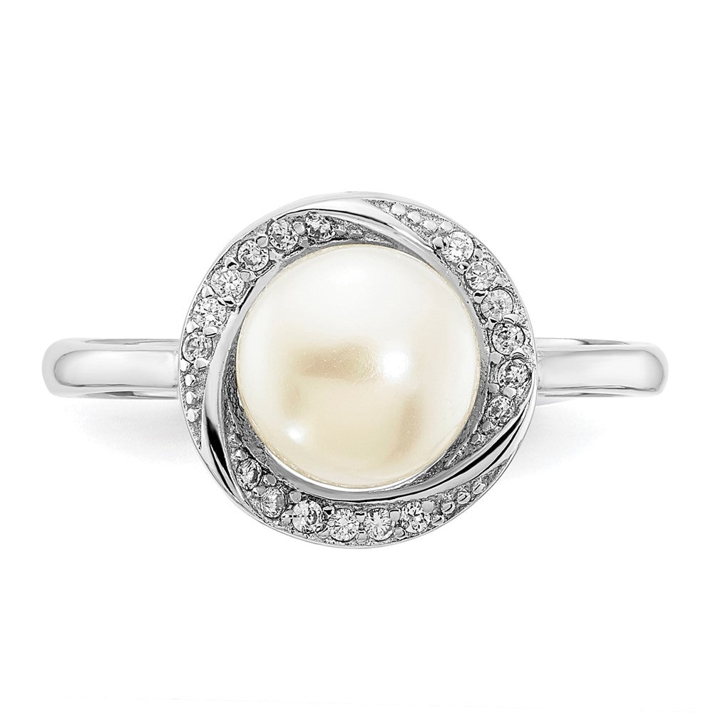 Sterlingsilber Rhodiniert 7 8mm Knopf Weiß Süßwasser Zuchtperle und Zirkonia Ring