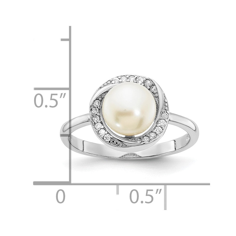 Sterlingsilber Rhodiniert 7 8mm Knopf Weiß Süßwasser Zuchtperle und Zirkonia Ring