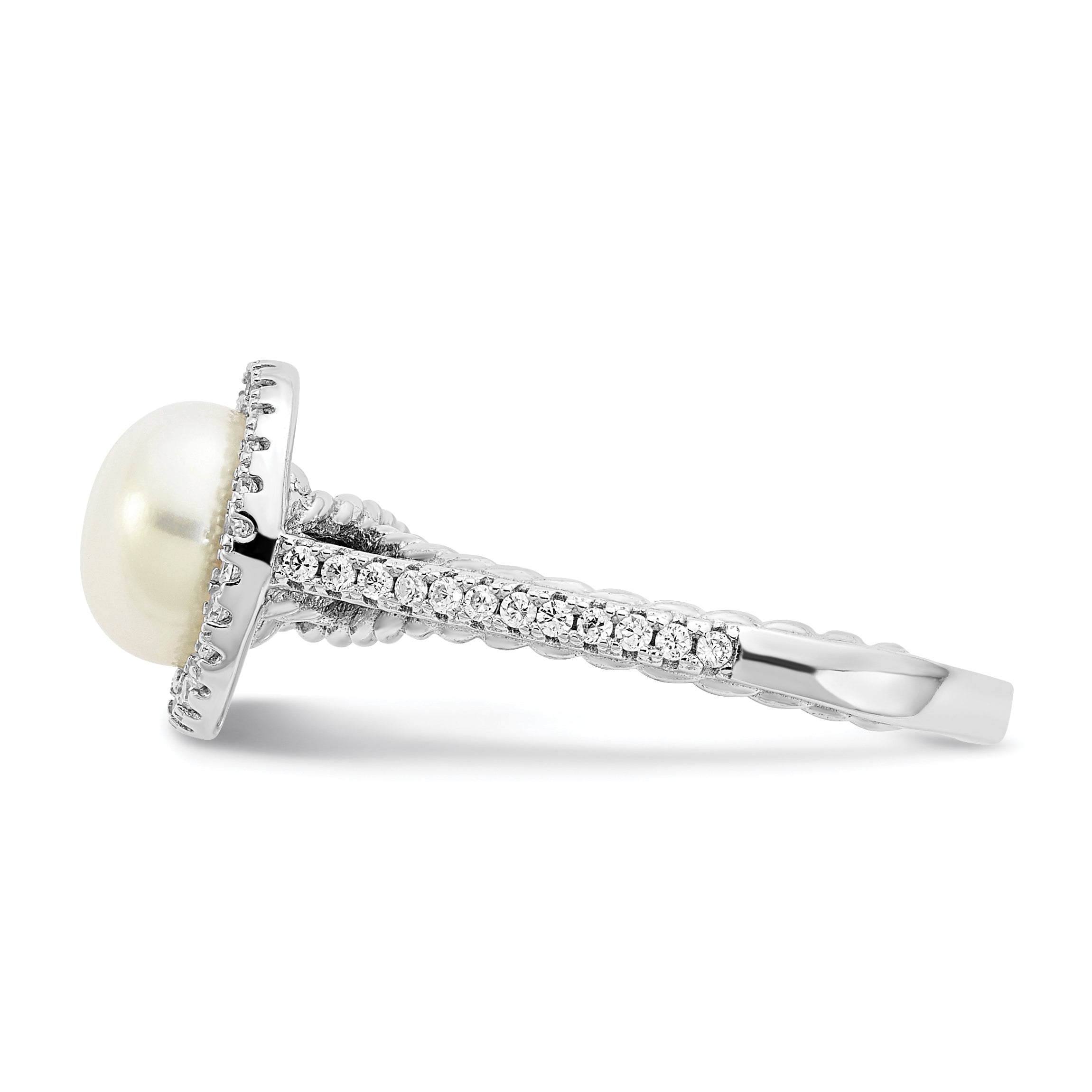 Sterlingsilber Rhodiniert 7 8mm Knopf Weiß Süßwasser Zuchtperle und Zirkonia Ring