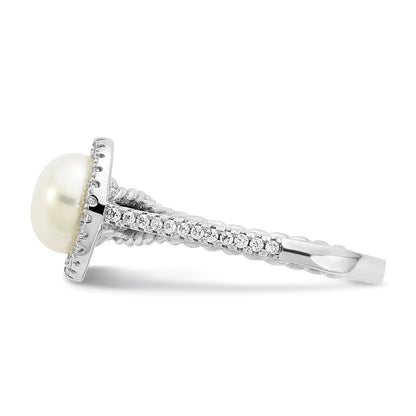 Sterlingsilber Rhodiniert 7 8mm Knopf Weiß Süßwasser Zuchtperle und Zirkonia Ring