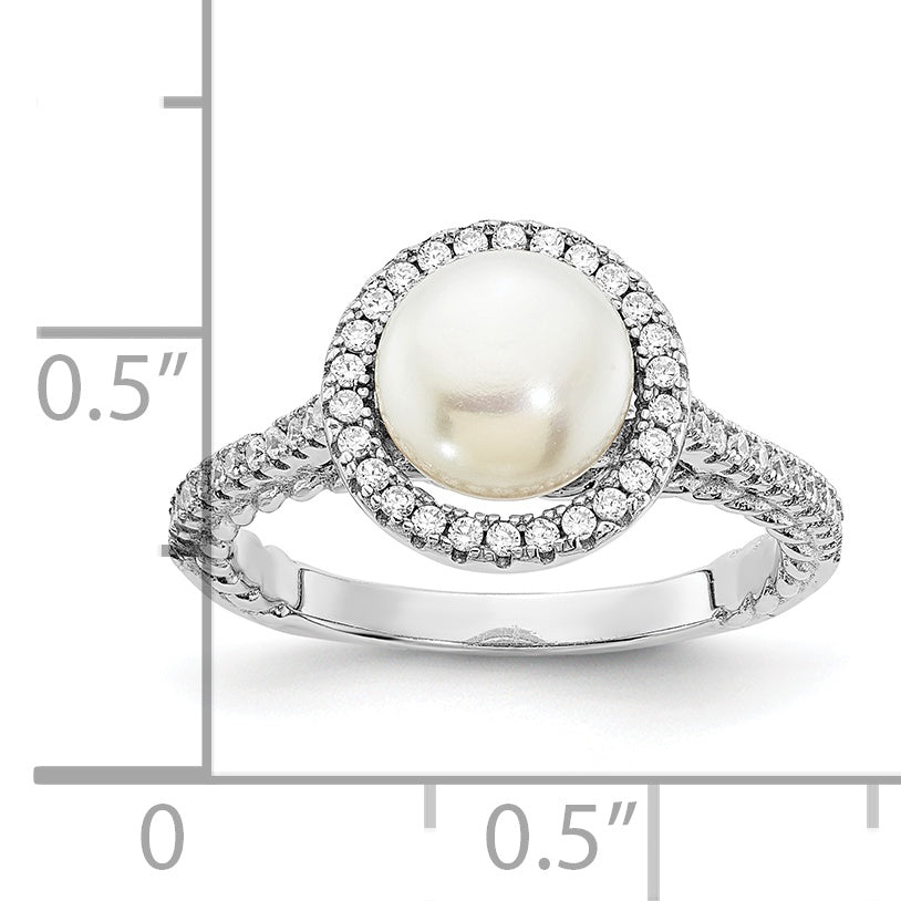 Sterlingsilber Rhodiniert 7 8mm Knopf Weiß Süßwasser Zuchtperle und Zirkonia Ring