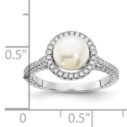 Sterlingsilber Rhodiniert 7 8mm Knopf Weiß Süßwasser Zuchtperle und Zirkonia Ring