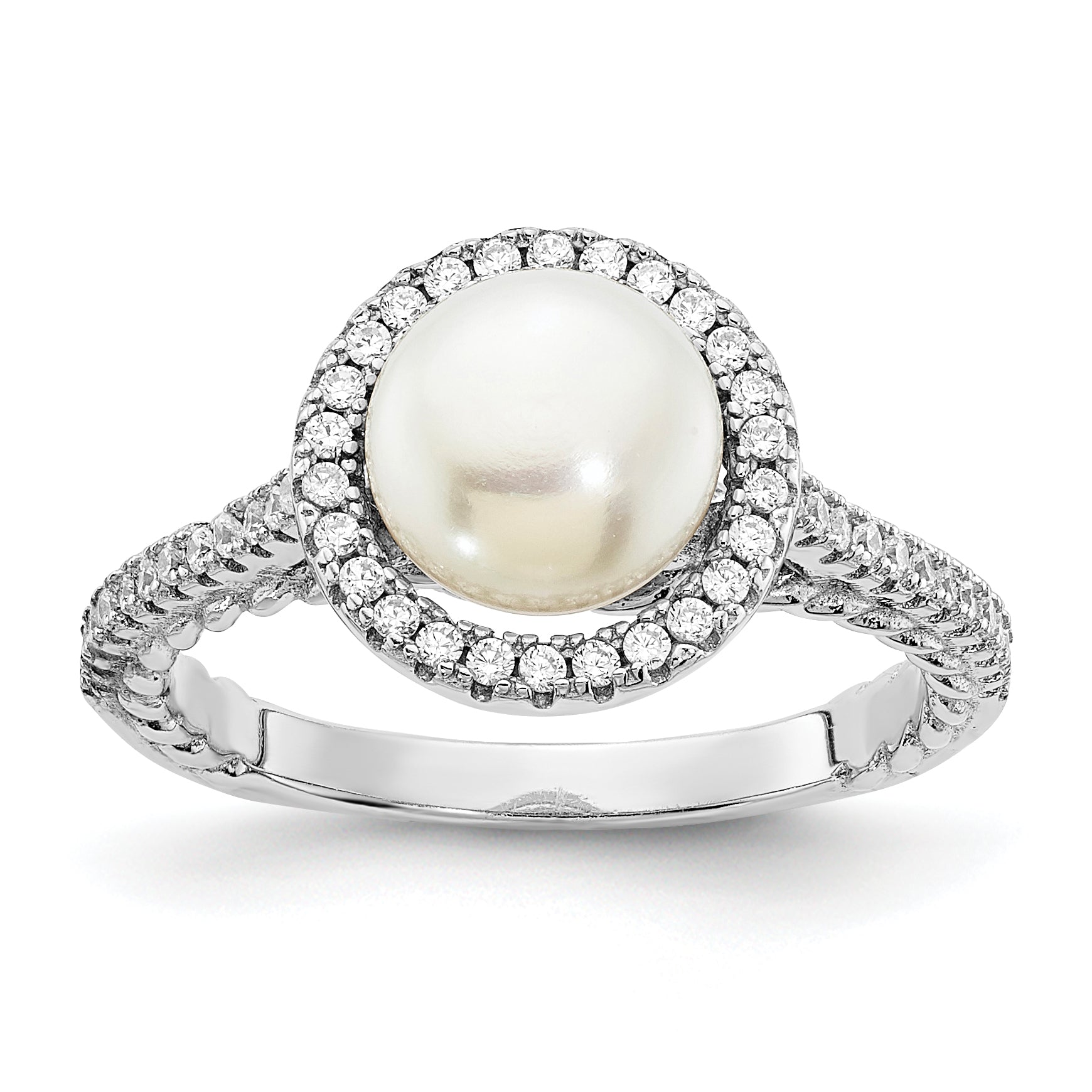 Sterlingsilber Rhodiniert 7 8mm Knopf Weiß Süßwasser Zuchtperle und Zirkonia Ring
