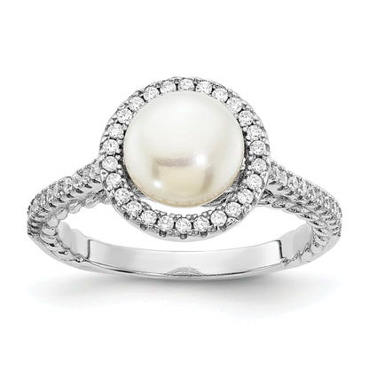 Sterlingsilber Rhodiniert 7 8mm Knopf Weiß Süßwasser Zuchtperle und Zirkonia Ring