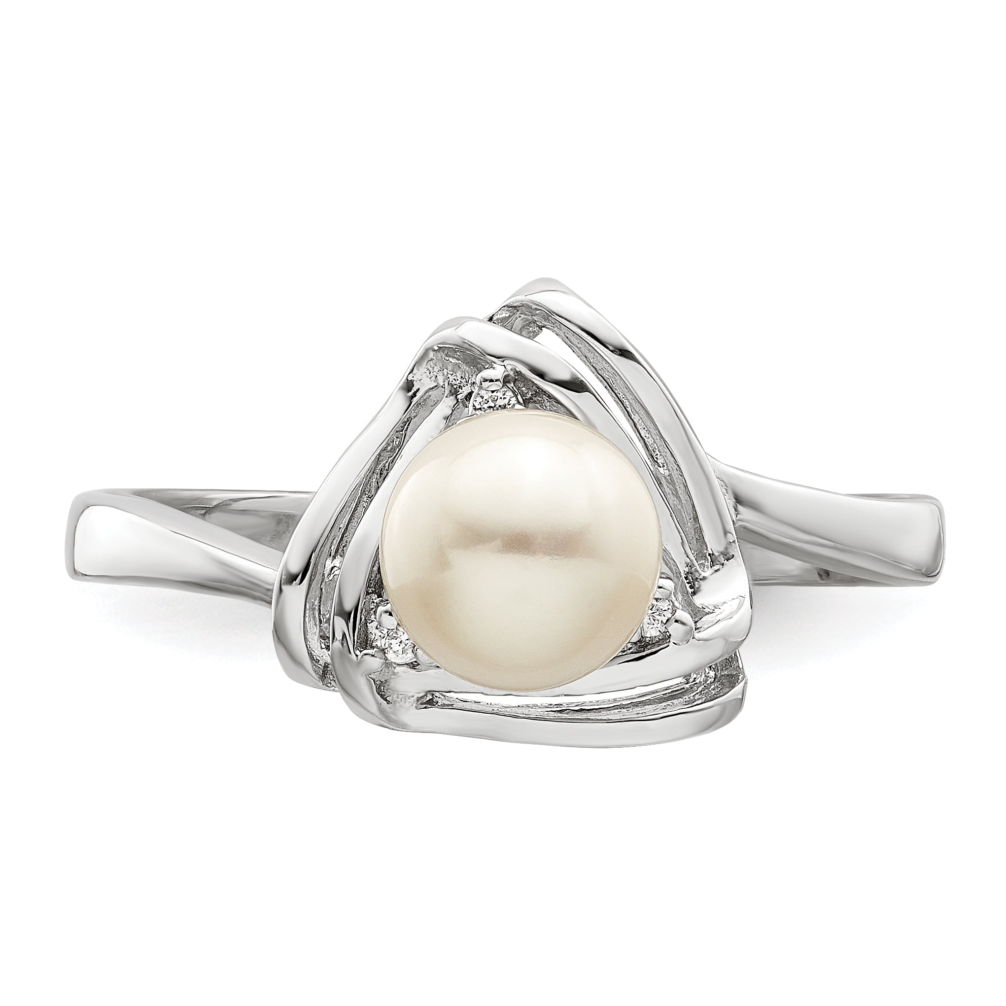 Sterlingsilber Rhodiniert Fwc Perle und Zirkonia Dreieck Ring
