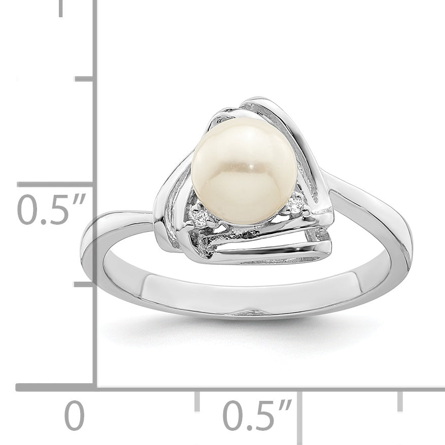 Sterlingsilber Rhodiniert Fwc Perle und Zirkonia Dreieck Ring