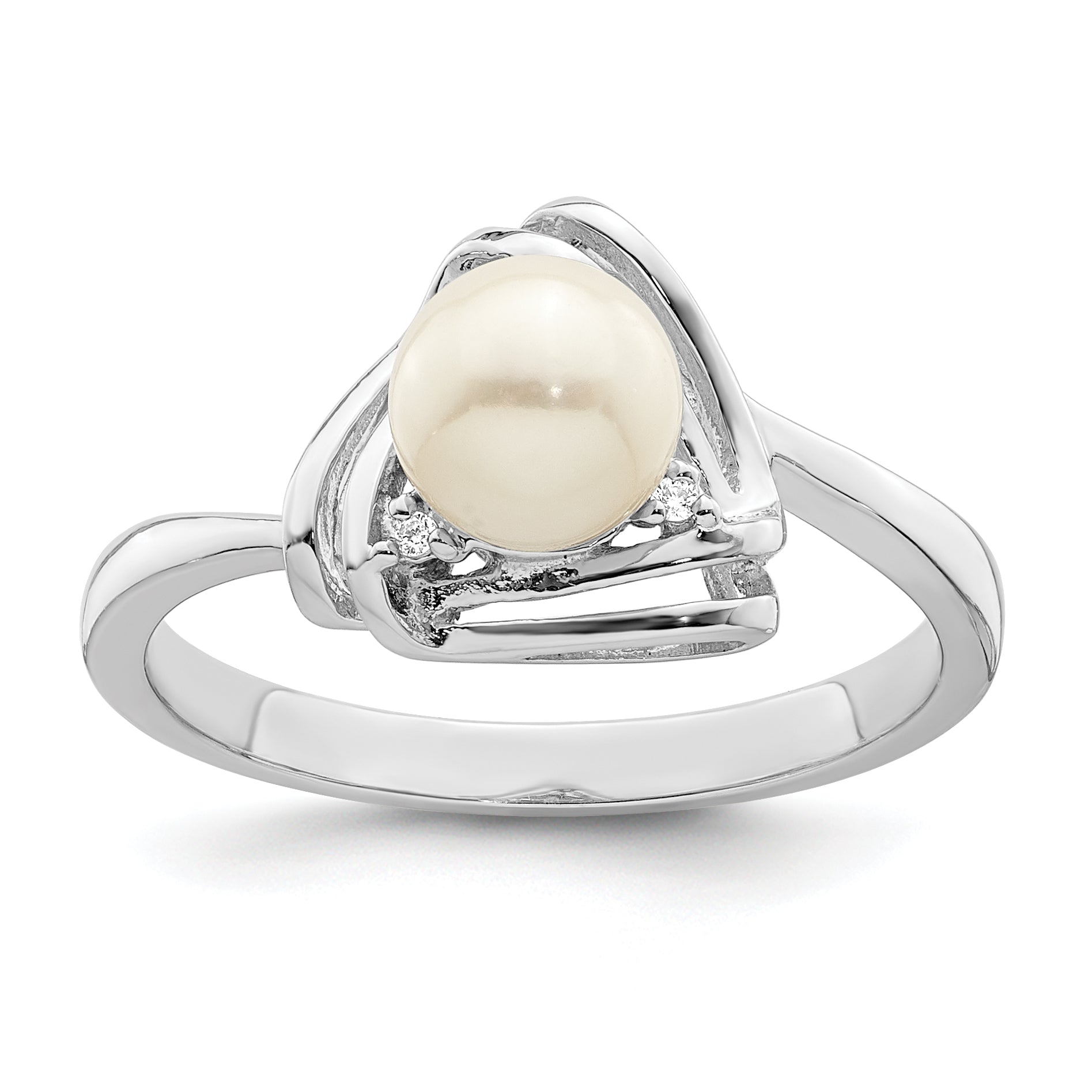 Sterlingsilber Rhodiniert Fwc Perle und Zirkonia Dreieck Ring