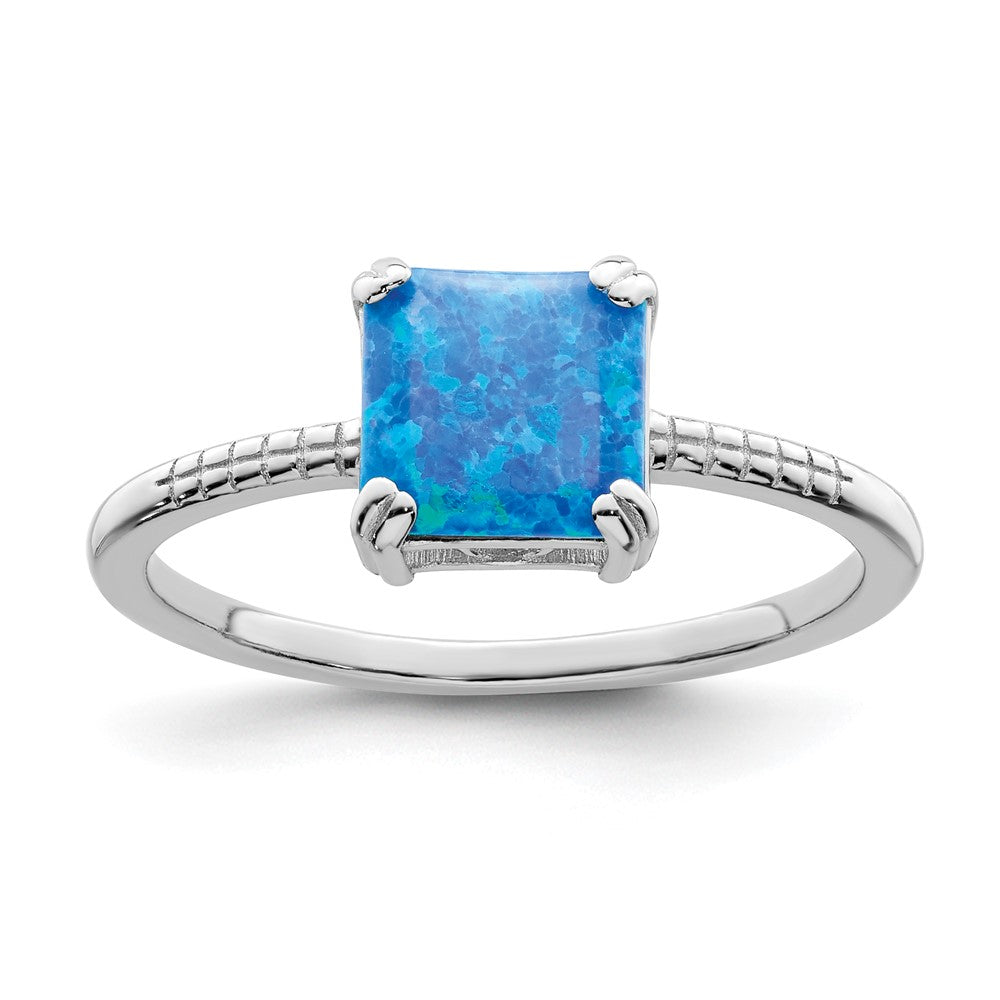 Sterlingsilber Rhodiniert Poliert Quadratisch Blau Erzeugt Opal Ring