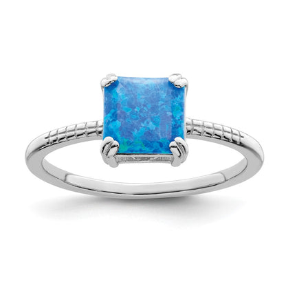 Sterlingsilber Rhodiniert Poliert Quadratisch Blau Erzeugt Opal Ring