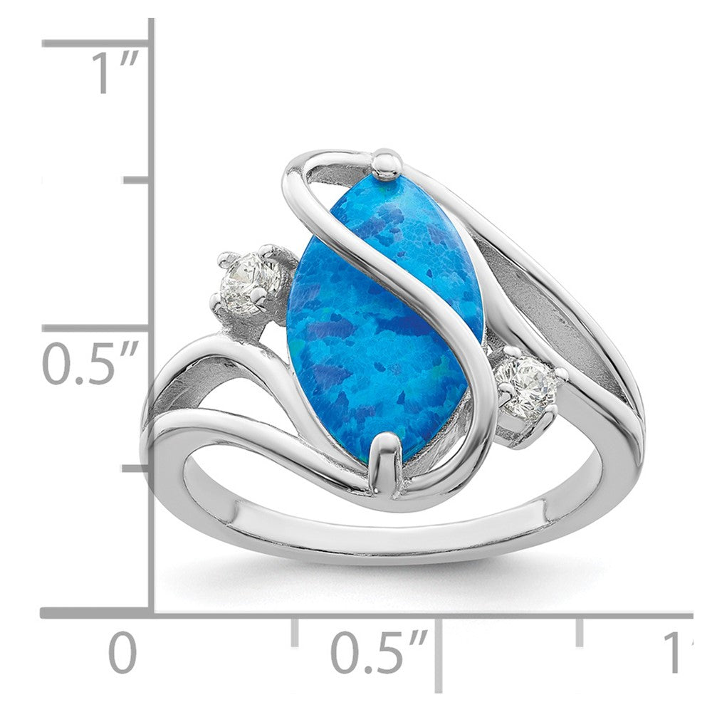 Sterlingsilber Rhodiniert Poliert Blau Erzeugt Opal & Zirkonia Gedreht Ring