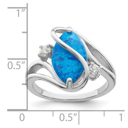 Sterlingsilber Rhodiniert Poliert Blau Erzeugt Opal & Zirkonia Gedreht Ring