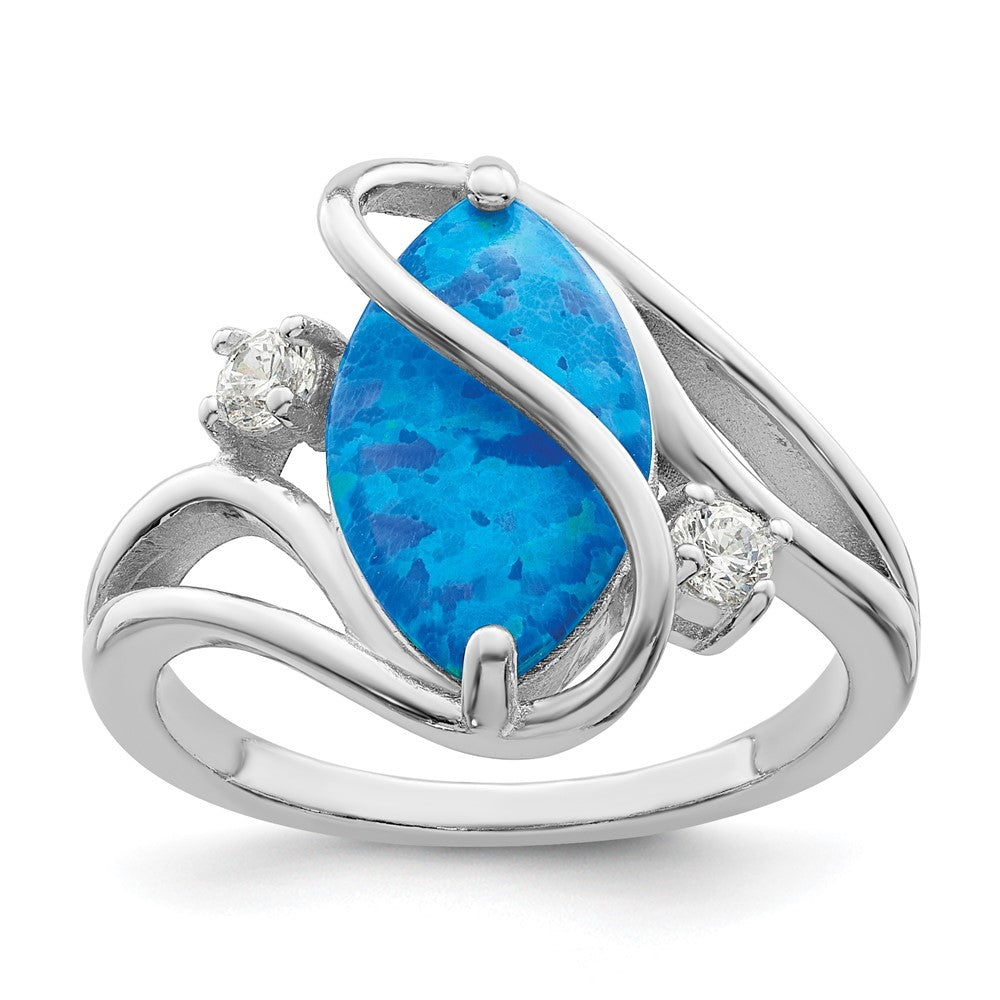 Sterlingsilber Rhodiniert Poliert Blau Erzeugt Opal & Zirkonia Gedreht Ring