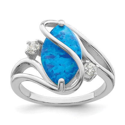 Sterlingsilber Rhodiniert Poliert Blau Erzeugt Opal & Zirkonia Gedreht Ring