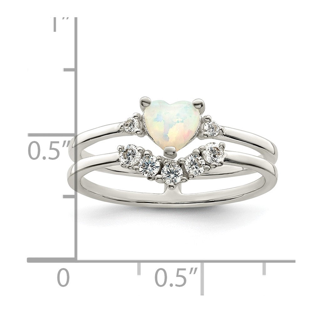 Sterlingsilber Zirkonia & Herz Erzeugt Weiß Opal Doppelt Ring