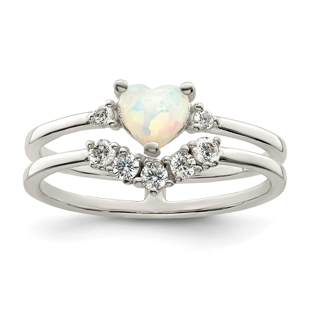 Sterlingsilber Zirkonia & Herz Erzeugt Weiß Opal Doppelt Ring