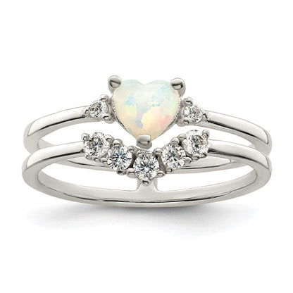 Sterlingsilber Zirkonia & Herz Erzeugt Weiß Opal Doppelt Ring