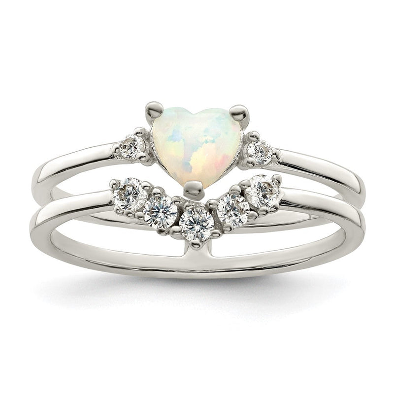 Sterlingsilber Zirkonia & Herz Erzeugt Weiß Opal Doppelt Ring