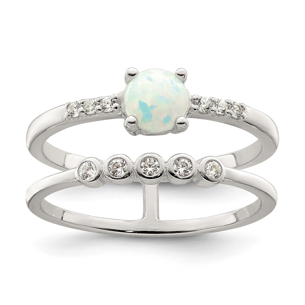 Sterlingsilber Zirkonia und Erzeugt Weiß Opal Doppelt Ring (size 7 Nur)