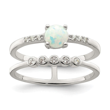 Sterlingsilber Zirkonia und Erzeugt Weiß Opal Doppelt Ring (size 7 Nur)