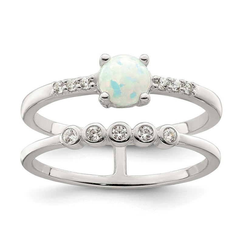 Sterlingsilber Zirkonia und Erzeugt Weiß Opal Doppelt Ring (size 7 Nur)