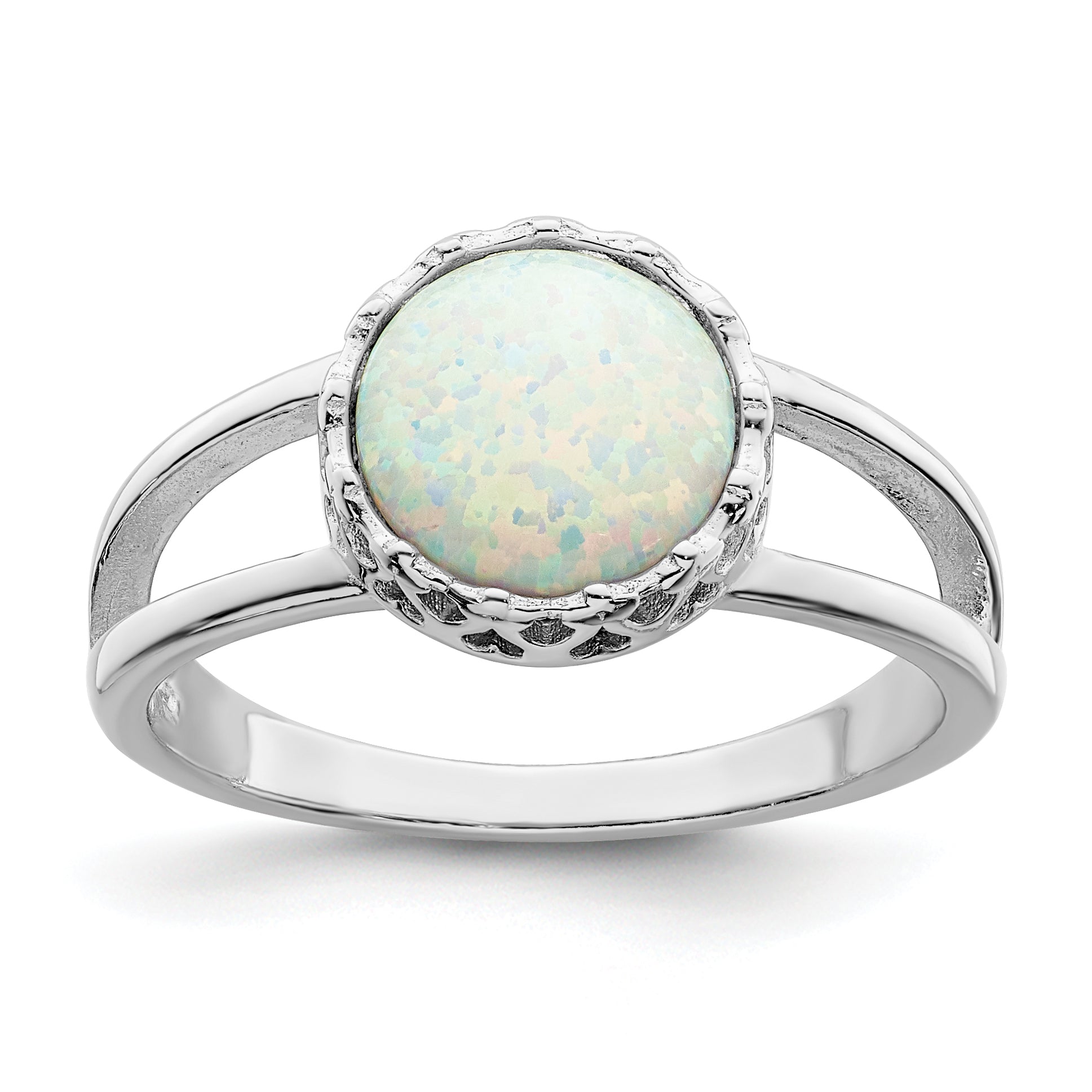 Sterlingsilber Rhodiniert Rund Weiß Erzeugt Opal Einlage Ring