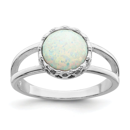 Sterlingsilber Rhodiniert Rund Weiß Erzeugt Opal Einlage Ring