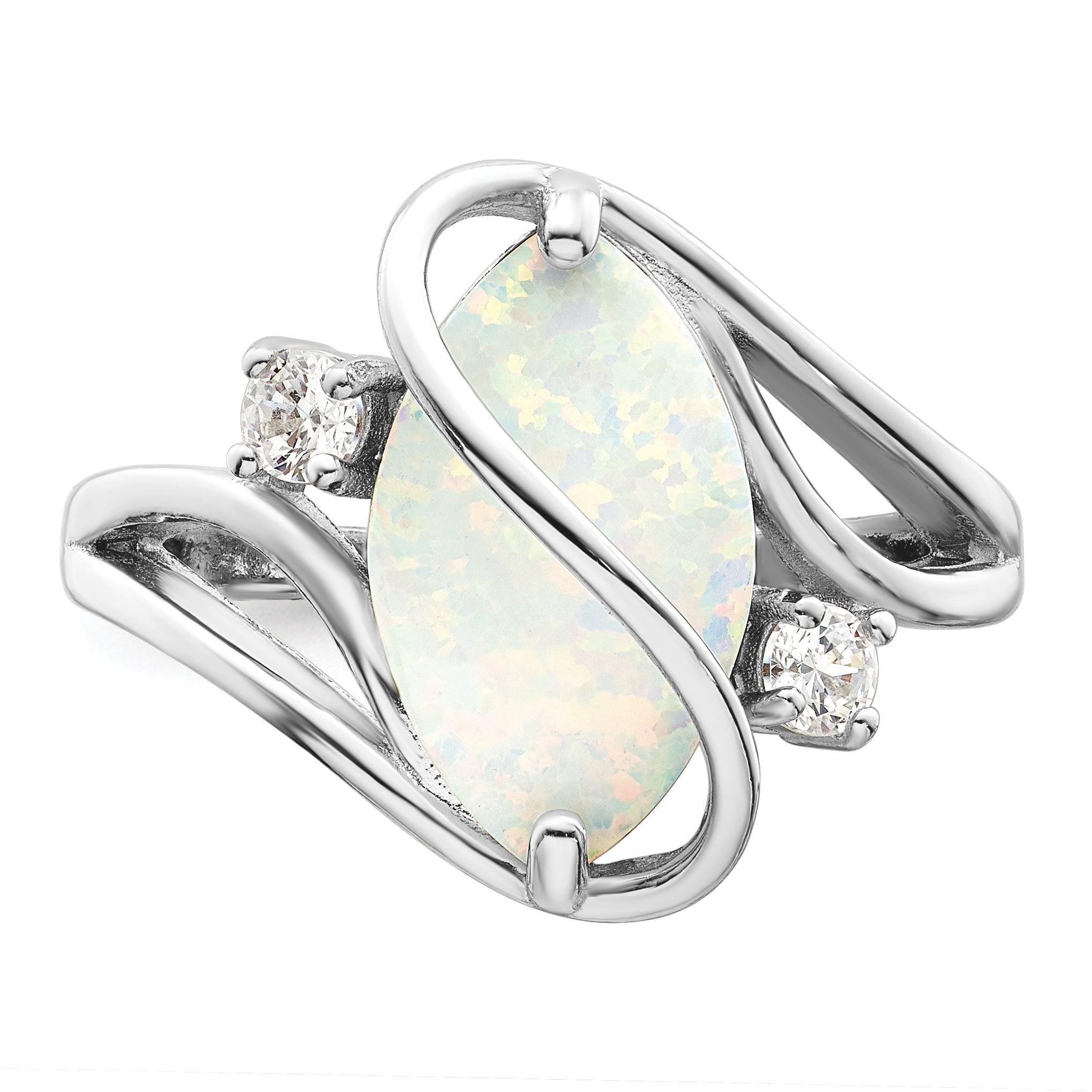 Sterlingsilber Rhodiniert Weiß Erzeugt Opal & Zirkonia Gedreht Ring