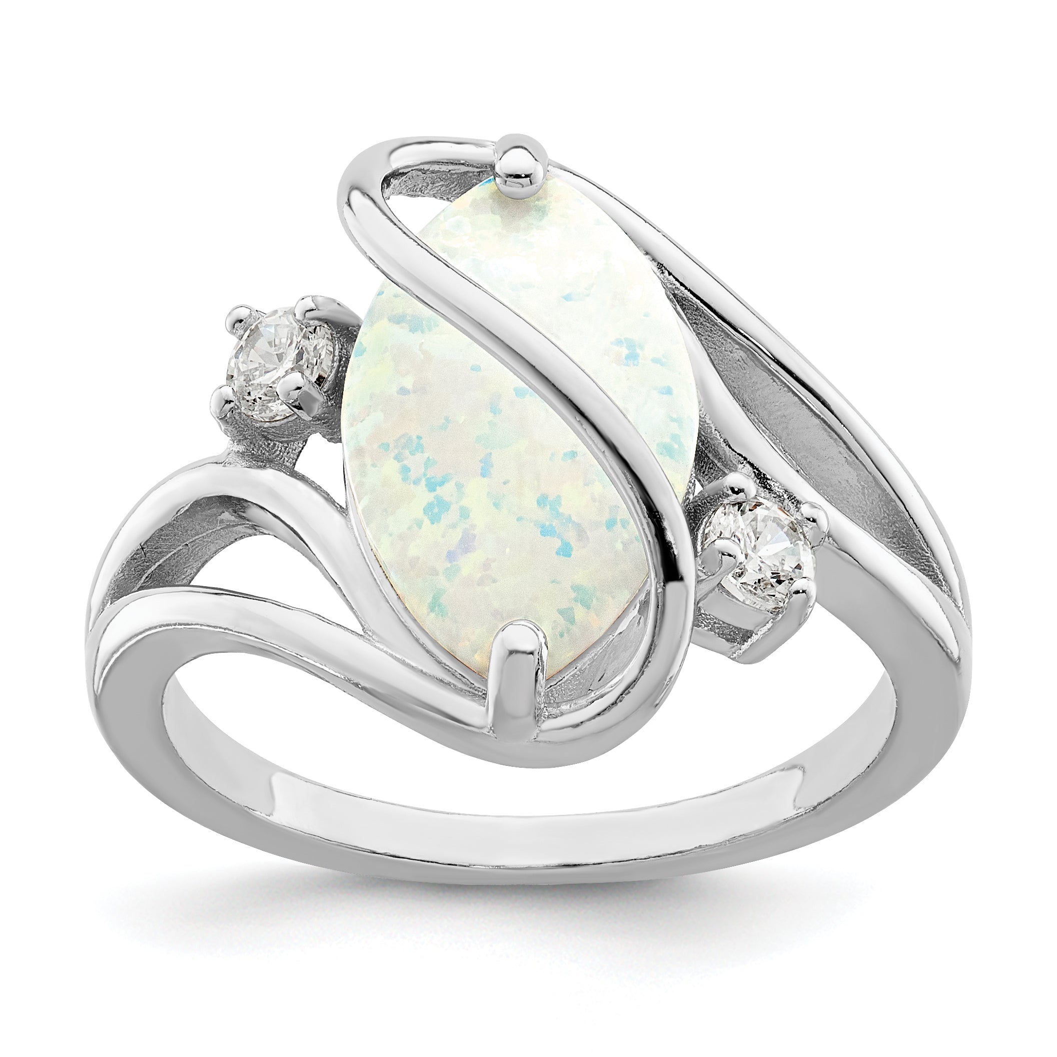 Sterlingsilber Rhodiniert Weiß Erzeugt Opal & Zirkonia Gedreht Ring