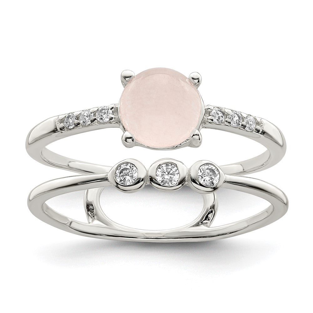 Sterlingsilber Poliert Zirkonia und Rosa Quartzite Doppelt Ring