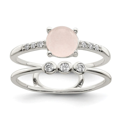 Sterlingsilber Poliert Zirkonia und Rosa Quartzite Doppelt Ring