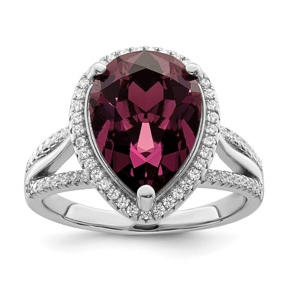 Sterlingsilber Rhodiniert Zirkonia & Dk Lila Kristall Ring