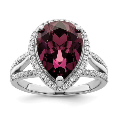 Sterlingsilber Rhodiniert Zirkonia & Dk Lila Kristall Ring
